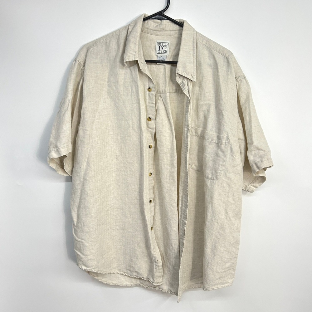 Linen Cotton Button Up Shirt Men's‎ XL Natural Beige Short Sleeve Coastal Resort